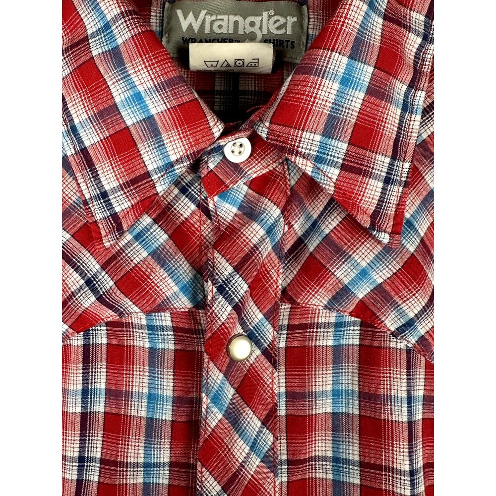 Wrangler Wrancher Short Sleeve Pearl Snap Shirt Plaid Red Blue Men Large Vintage - Picture 2 of 6